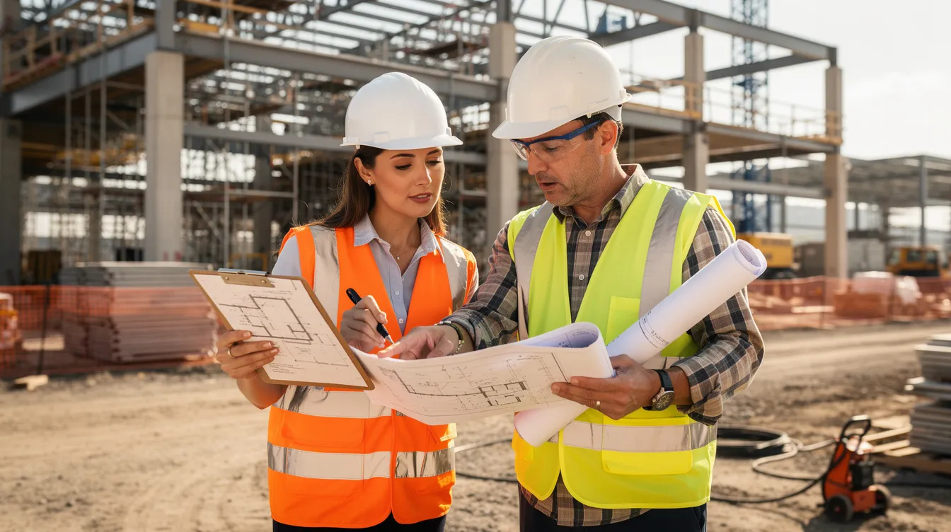 Two construction professionals are collaborating on a commercial jobsite, reviewing project documents that outline the specifics of their joint venture agreement for a large-scale project. They are discussing critical aspects of the construction contracts and planning for future projects together.