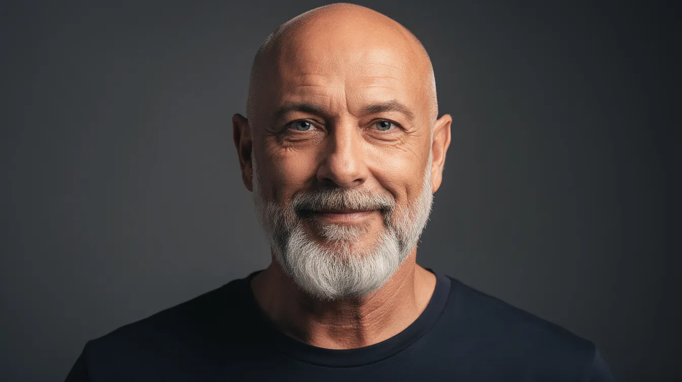 A mature man with a shaved head and a well-groomed silver beard displays a confident expression, showcasing a classic style often embraced by balding men. His facial features are accentuated by the clean shave, emphasizing his strong jawline and the natural texture of his beard.
