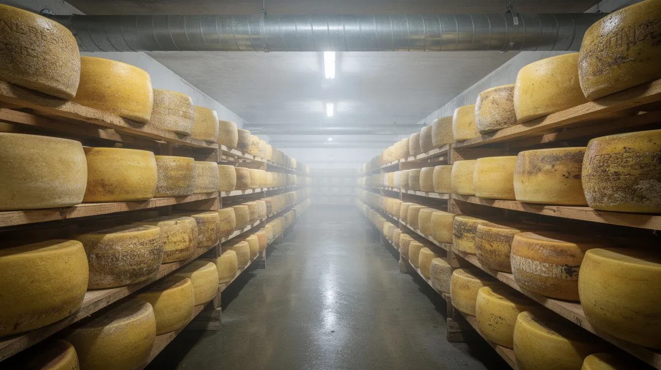 c796f70f af7c 45fa 89a5 d2425154ab83 The image depicts a large cold storage room filled with rows of cheese wheels aging on wooden shelves, showcasing the cheese manufacturing process. This environment is essential for quality control and aging in the cheese industry, reflecting the infrastructure requirements and unit operations involved in cheese production.