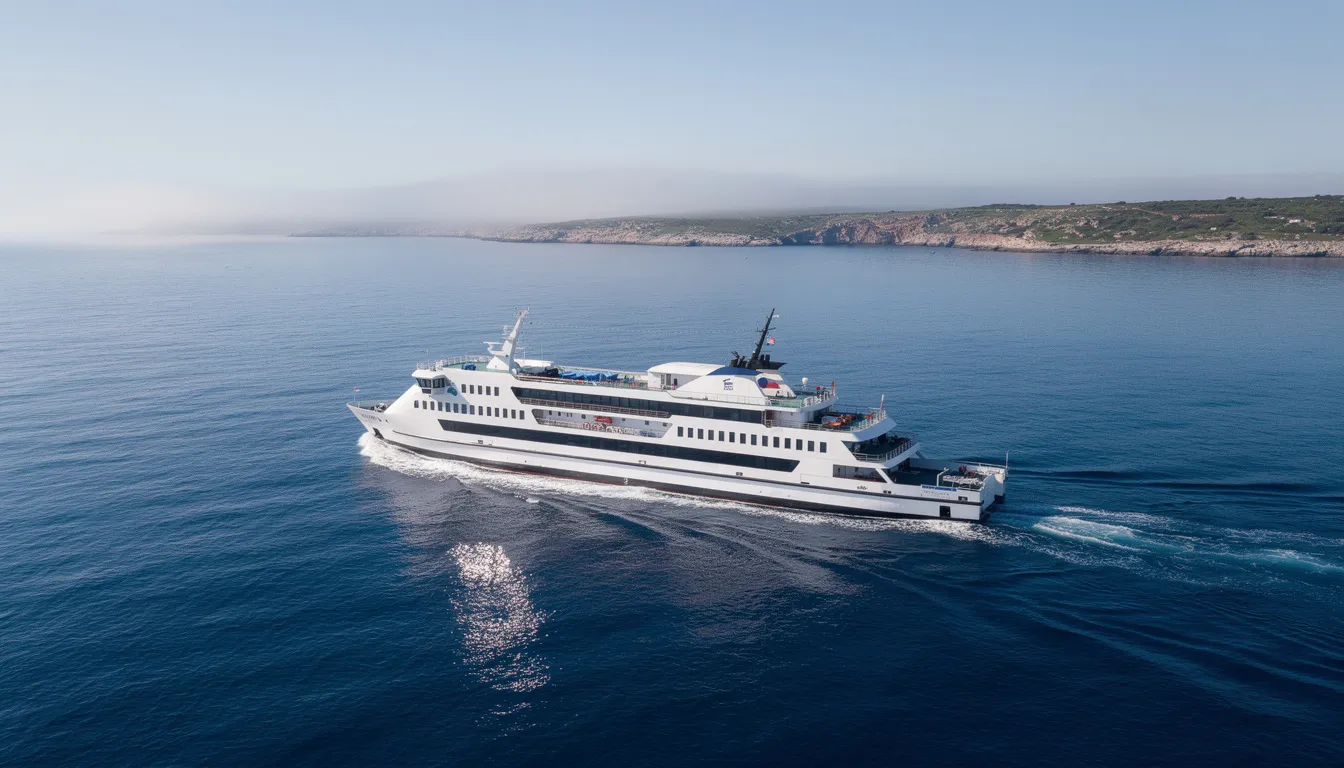 A passenger ferry is sailing across the vibrant blue waters of the Mediterranean Sea, with a picturesque coastline of southern Spain visible in the distance. This ferry trip is a popular transportation option for tourists traveling from Spain to Morocco, particularly to explore cities like Tangier.