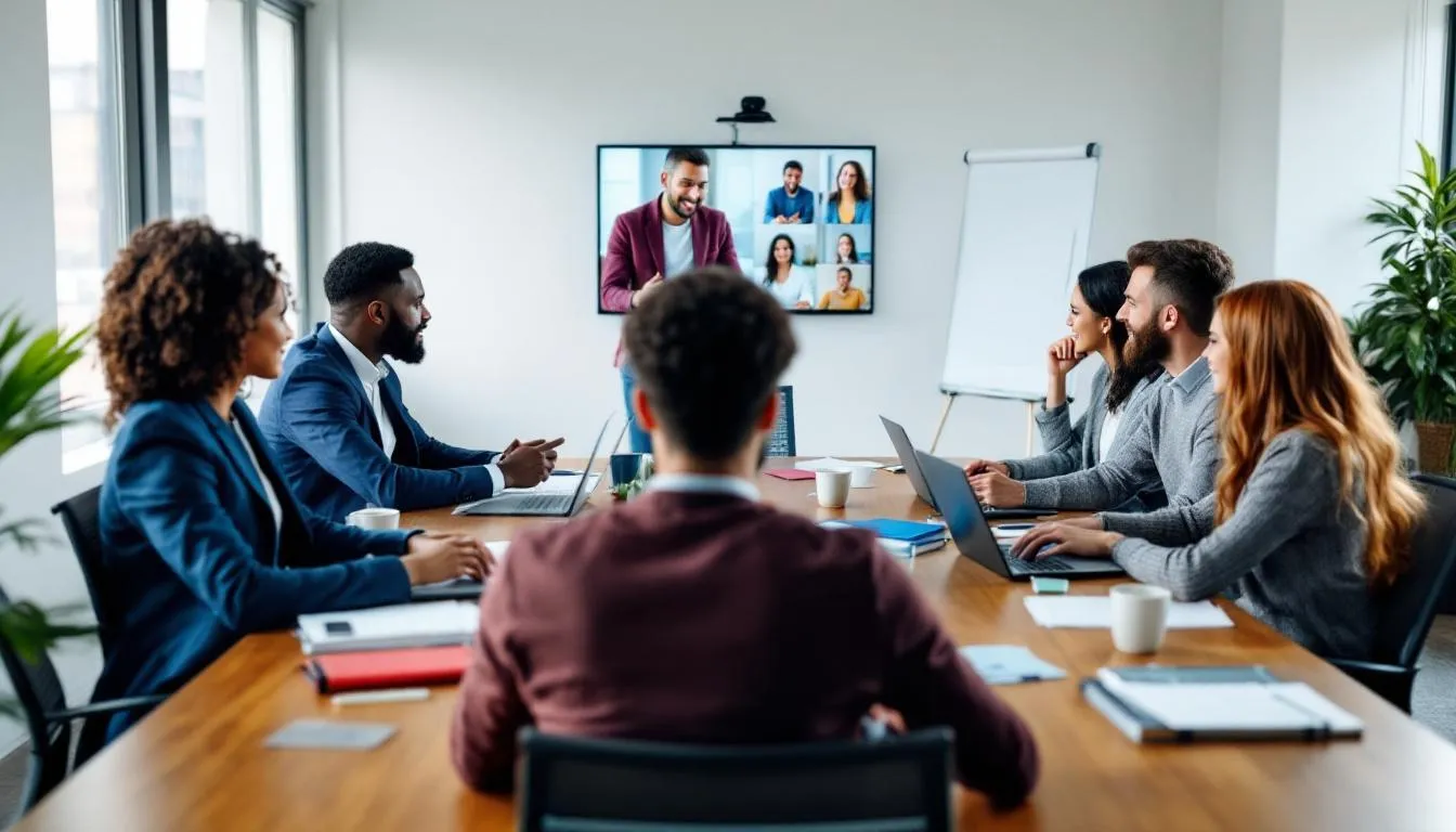 In einem virtuellen Teammeeting sitzen mehrere Mitarbeiter an ihren Schreibtischen im Homeoffice und kommunizieren über Videoanruf, um trotz Distanz effektiv zusammenzuarbeiten. Die Atmosphäre ist konzentriert, und auf den Bildschirmen sind Arbeitsunterlagen und Präsentationen sichtbar, die die Zusammenarbeit im mobilen Arbeiten unterstützen.