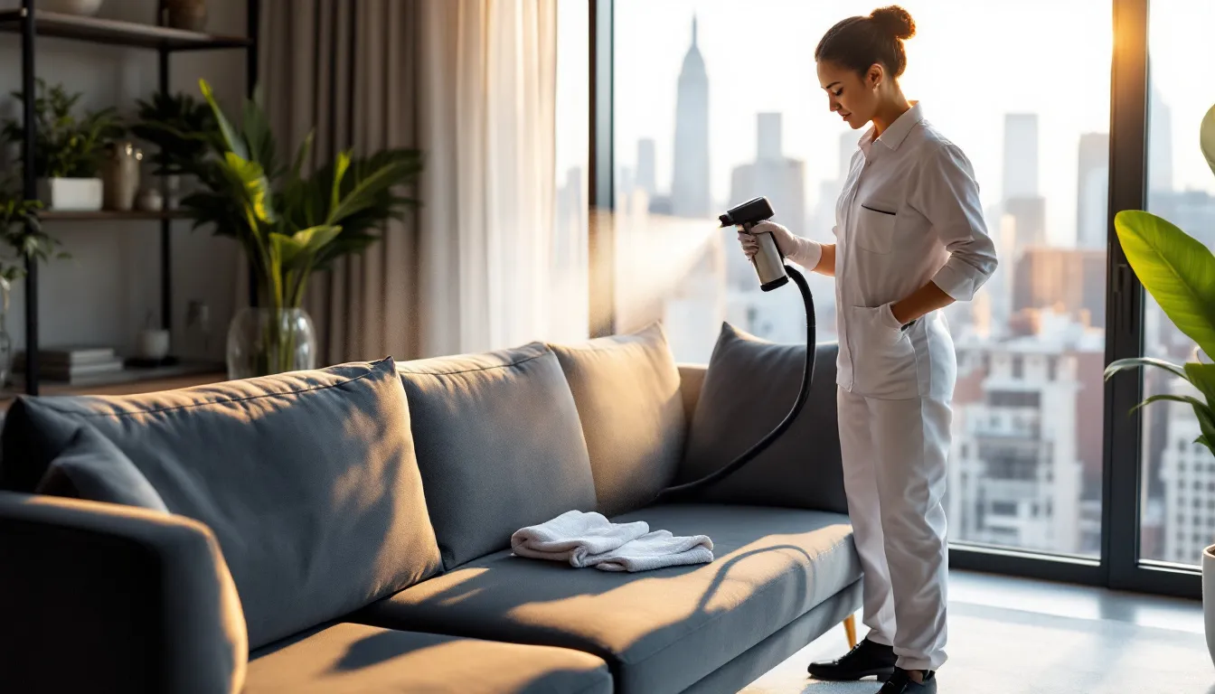 Steps of the comprehensive sofa cleaning process being demonstrated.