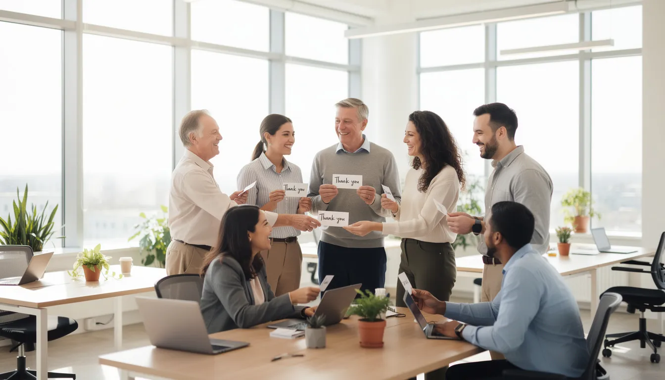 In a bright office setting, diverse colleagues are exchanging handwritten thank-you notes, fostering a positive and supportive environment. This act of kindness not only spreads joy but also enhances emotional well-being and recognition among team members.