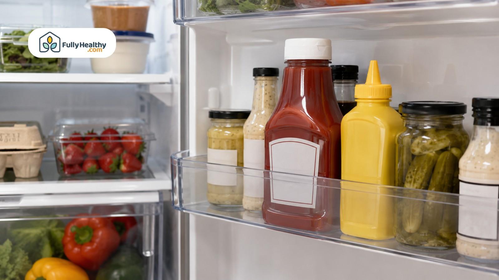 Ketchup mustard pickles and condiments stored neatly inside refrigerator door