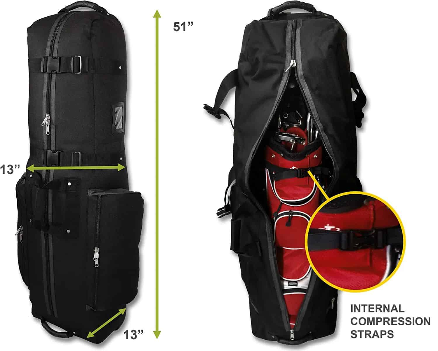 Soft sided golf travel cover with compression straps internal and external