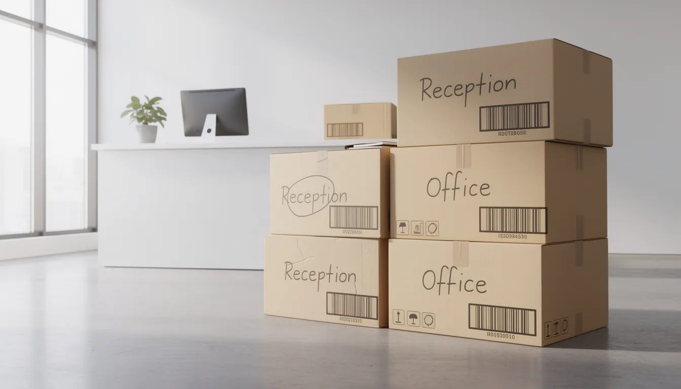 The image shows a clean office reception area with neatly stacked moving boxes, all labeled for easy identification. These boxes represent the efficient packing and moving services provided by professional packers, ensuring a stress-free transition to a new location.