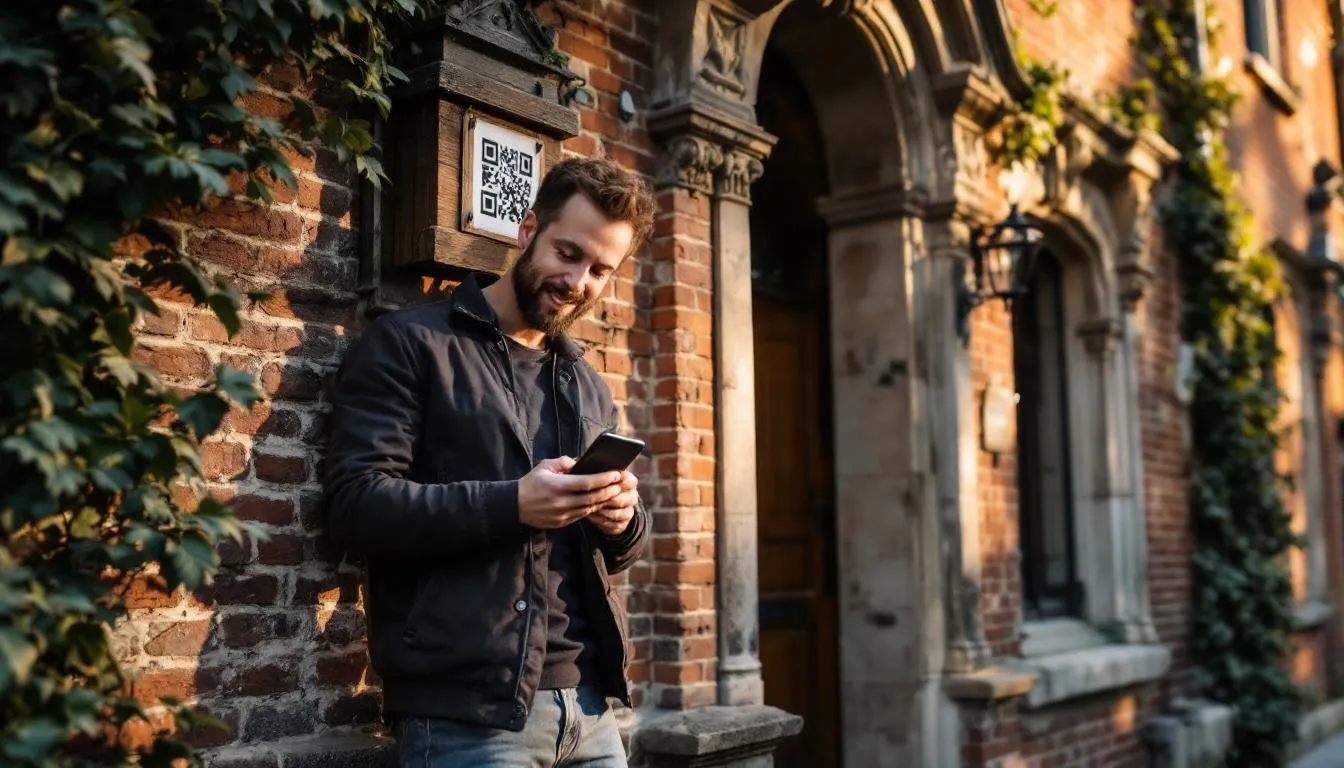 Osoba skanuje kod QR telefonem przy zabytkowej kamienicy, co może być częścią miejskiej gry lub wydarzenia turystycznego. W tle widoczne są detale architektoniczne, a scena sugeruje interakcję z przestrzenią miejską i zabawę w formie gier terenowych.