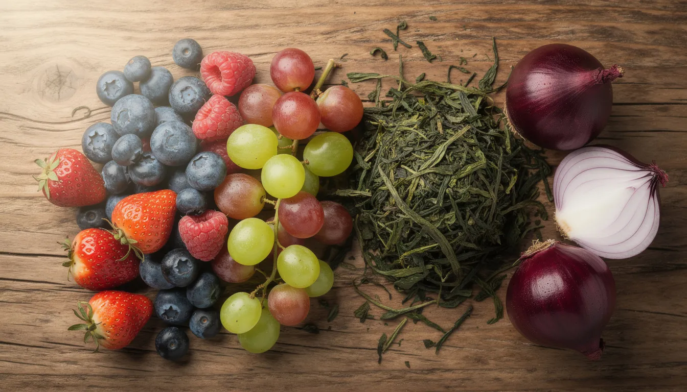 A vibrant assortment of berries, grapes, green tea leaves, and red onions is beautifully arranged on a wooden surface, showcasing a colorful selection of foods that support healthy aging and cellular health. This visually appealing display highlights the importance of a healthy diet rich in antioxidants and essential nutrients for overall wellness and longevity.