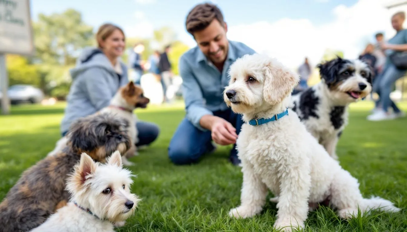 A mini poodle puppy is attentively participating in a training class alongside other small dogs, showcasing its curly coat and eager demeanor. This scene highlights the playful and highly trainable nature of miniature poodles as they engage in obedience training and socialization with their peers.