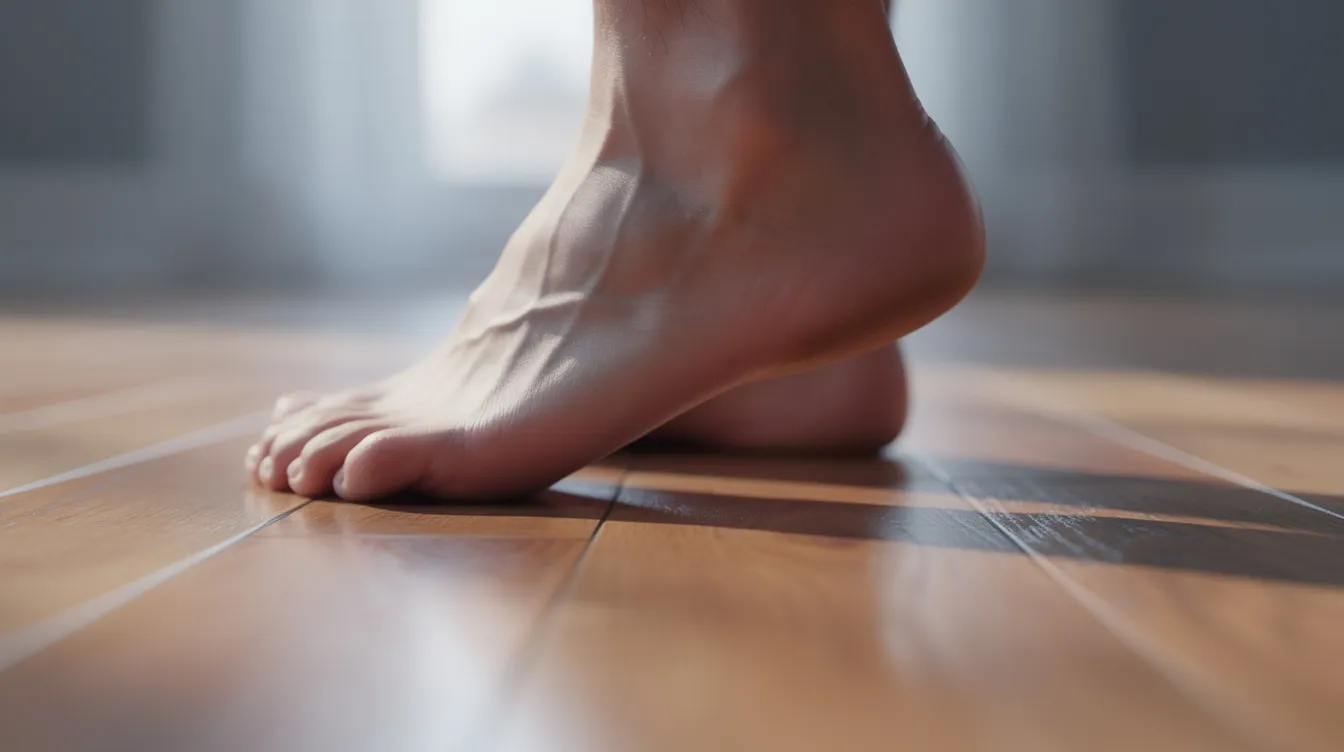 A close-up image shows a man's foot stepping onto a smooth hardwood floor, highlighting the heel and arch. This scene emphasizes the importance of supportive shoes for plantar fasciitis, as the right footwear can help alleviate heel pain and provide comfort during daily activities.