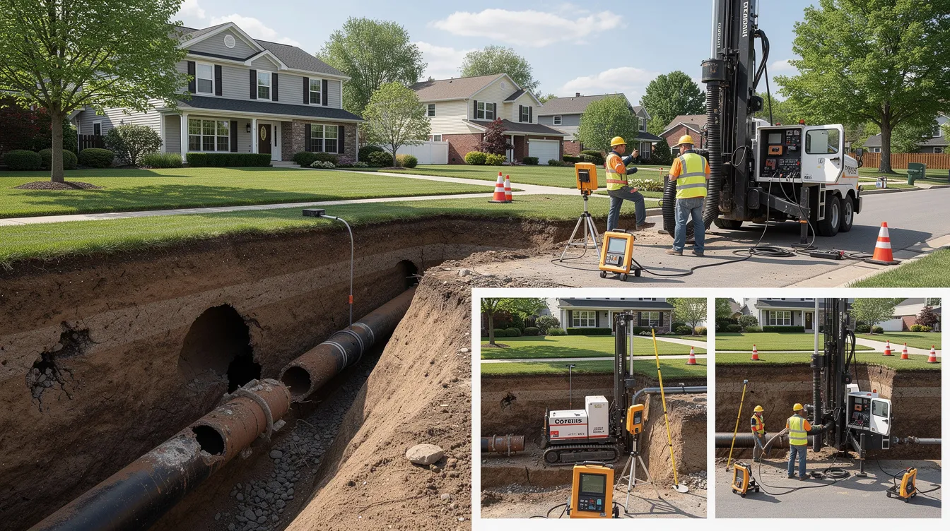 The image depicts various trenchless solutions for pipe repair, showcasing techniques such as pipe bursting and trenchless sewer line repair. It illustrates the minimal disruption caused by these methods compared to traditional excavation, highlighting the use of specialized equipment and small access points for repairing damaged underground pipes.