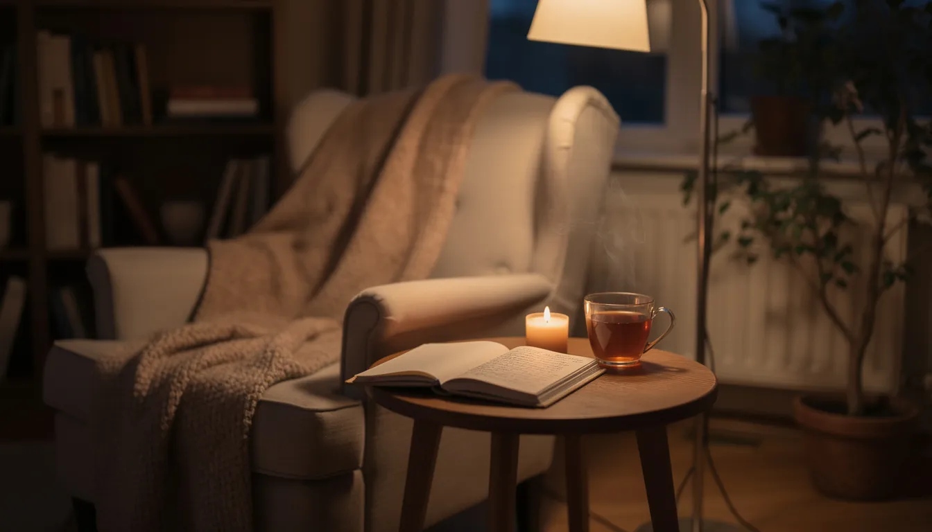 The image depicts a cozy living room corner bathed in soft lighting, featuring a small table adorned with a journal, a lit candle, and a steaming cup of tea, creating a perfect mindful moment for self-care and spiritual growth. This inviting space encourages relaxation and reflection, ideal for connecting with the mindful souls community.