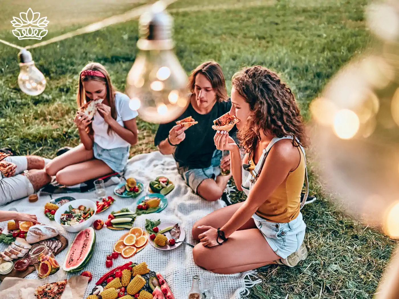 A group of friends enjoying a picnic on a lush green lawn, sharing a variety of fresh fruits, sandwiches, and drinks. Fabulous Flowers and Gifts - Picnic Gift Baskets Collection.
