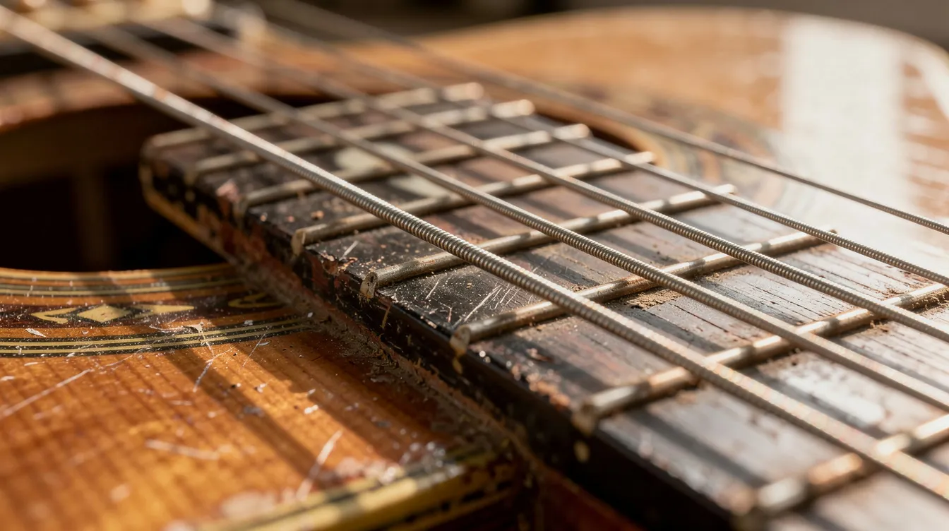 Die Nahaufnahme zeigt eine akustische Gitarre mit abgenutzten Saiten und einem warmen Holzkorpus, die die Spuren vieler Musikrichtungen wie Blues und Rockmusik trägt. Die Details der Gitarre vermitteln ein Gefühl von Geschichte und Leidenschaft in der Musik.