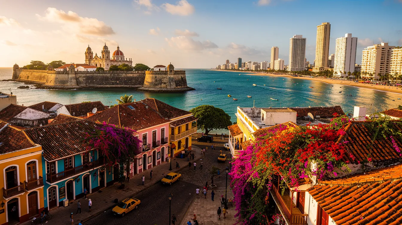 A imagem mostra a bela cidade de Cartagena, na Espanha, com seu centro histórico repleto de arquitetura colonial e atrações turísticas. Ao fundo, pode-se ver o mar e as praias que fazem parte deste destino popular, ideal para quem busca passeios e uma rica gastronomia.