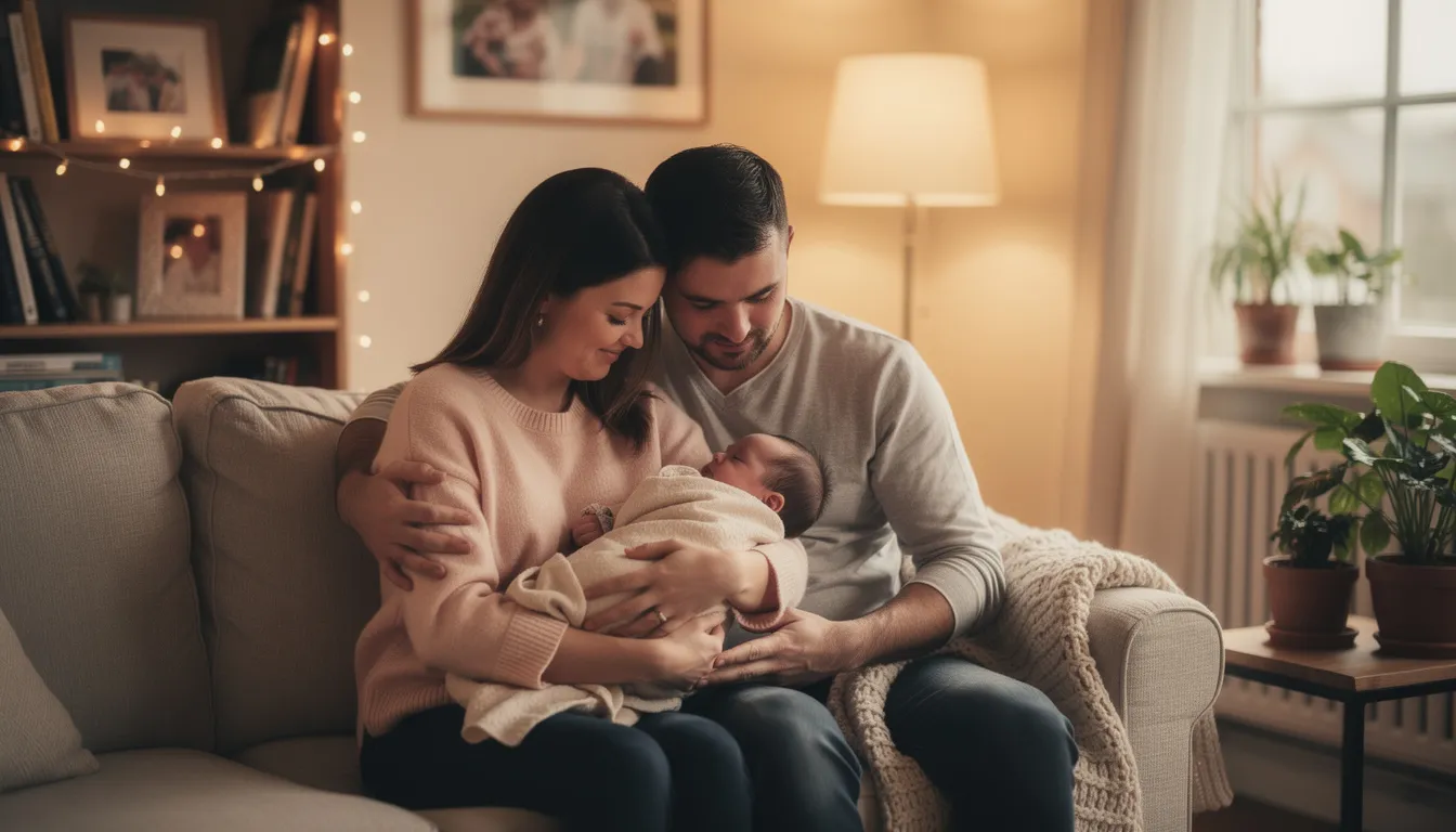 The image depicts two parents lovingly holding their newborn baby in a warm and inviting living room, surrounded by cozy furnishings. This scene reflects the joy of welcoming a new family member, highlighting the importance of parental leave during the early days following the baby's birth.