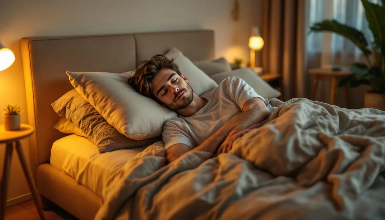 A young adult is lounging comfortably on a double bed, featuring a stylish bed frame that enhances the bedroom's modern aesthetic. The relaxed atmosphere suggests a perfect space for sleep and relaxation, ideal for solo sleepers or couples enjoying their time together.