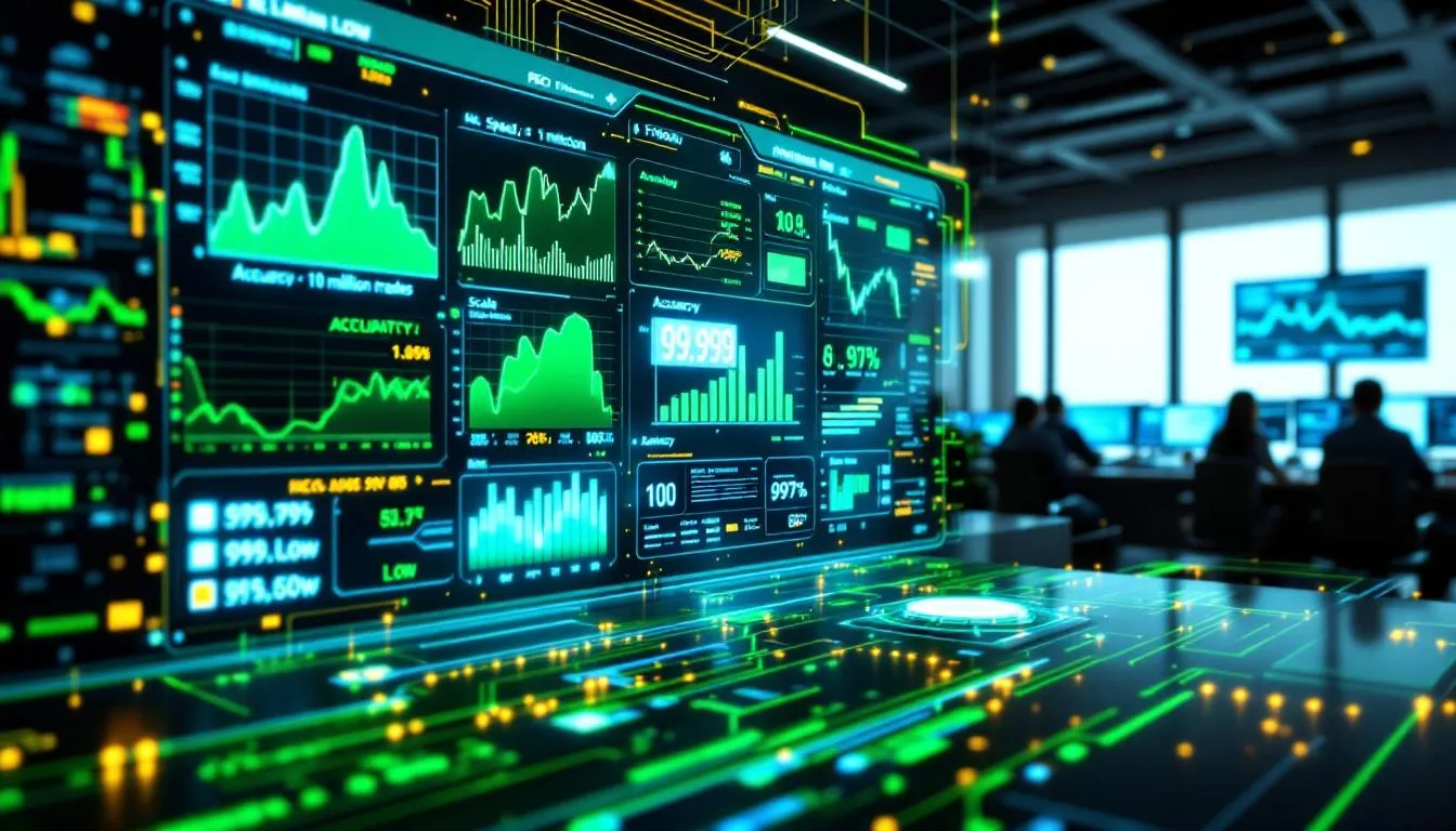 In this image, a digital representation of a trading platform showcases the speed and efficiency of AI trading systems, highlighting their ability to execute trades in microseconds and manage millions of transactions across global financial markets. The scene emphasizes enhanced risk management and accuracy, illustrating how AI tools can identify missed opportunities and predict price movements, ultimately providing a competitive edge in the global trading market.