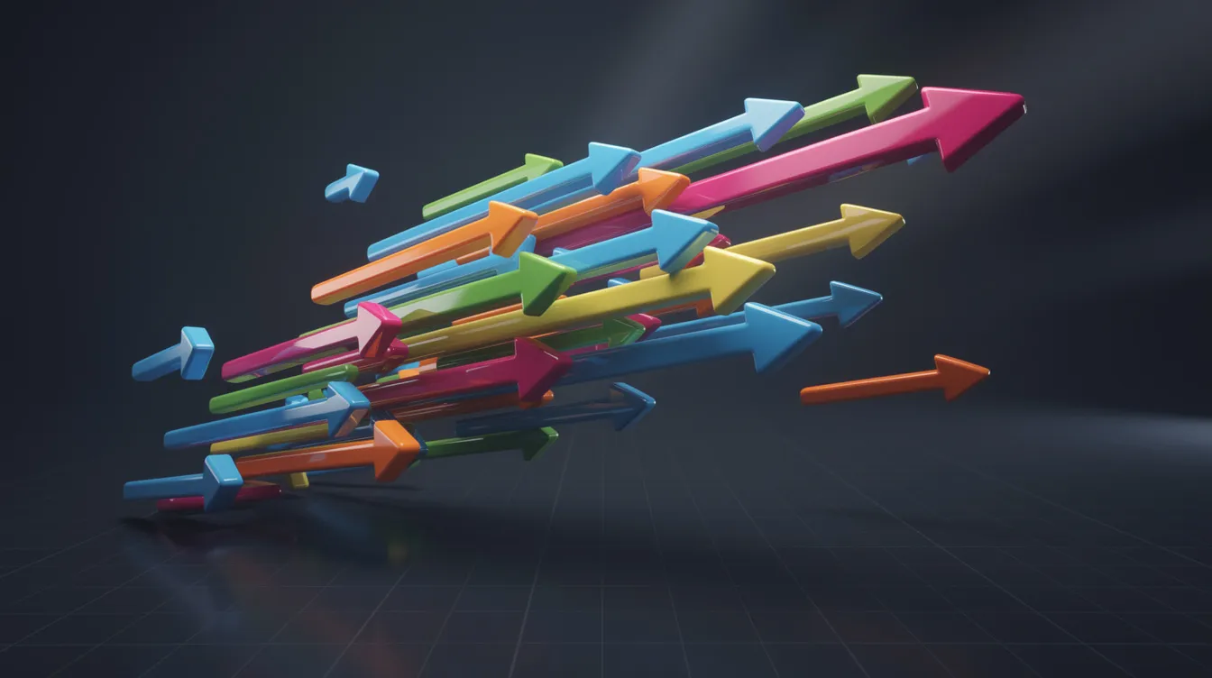 The image depicts an abstract representation of colorful arrows converging in a three-dimensional space, symbolizing vector similarity in the context of semantic search and embedding models. This visual metaphor illustrates the concept of grouping similar vectors, capturing semantic relationships, and highlighting the importance of vector representations in natural language processing and retrieval systems.