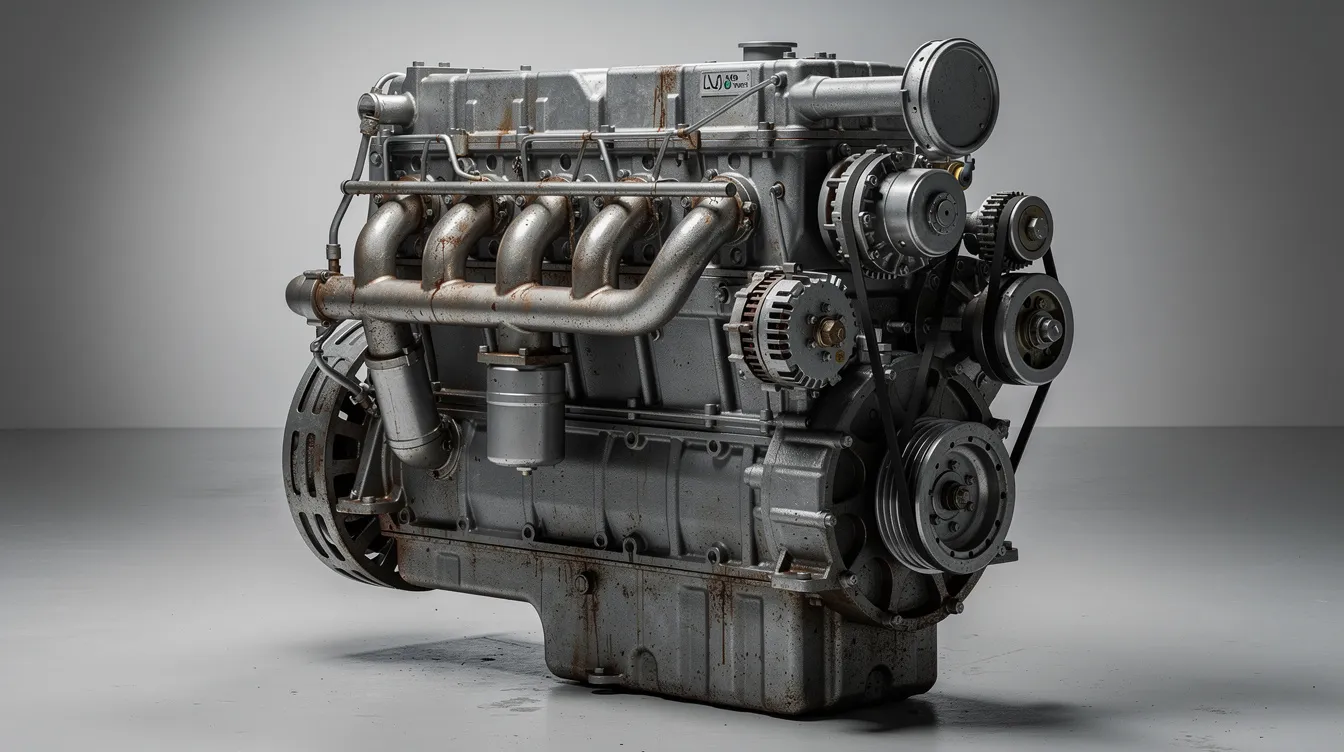 The image depicts an industrial diesel engine showcasing its cylinder block and various components, highlighting the robust design typical of Mitsubishi engines. This high-performance engine is ideal for applications in construction and generators, emphasizing reliability and fuel efficiency.