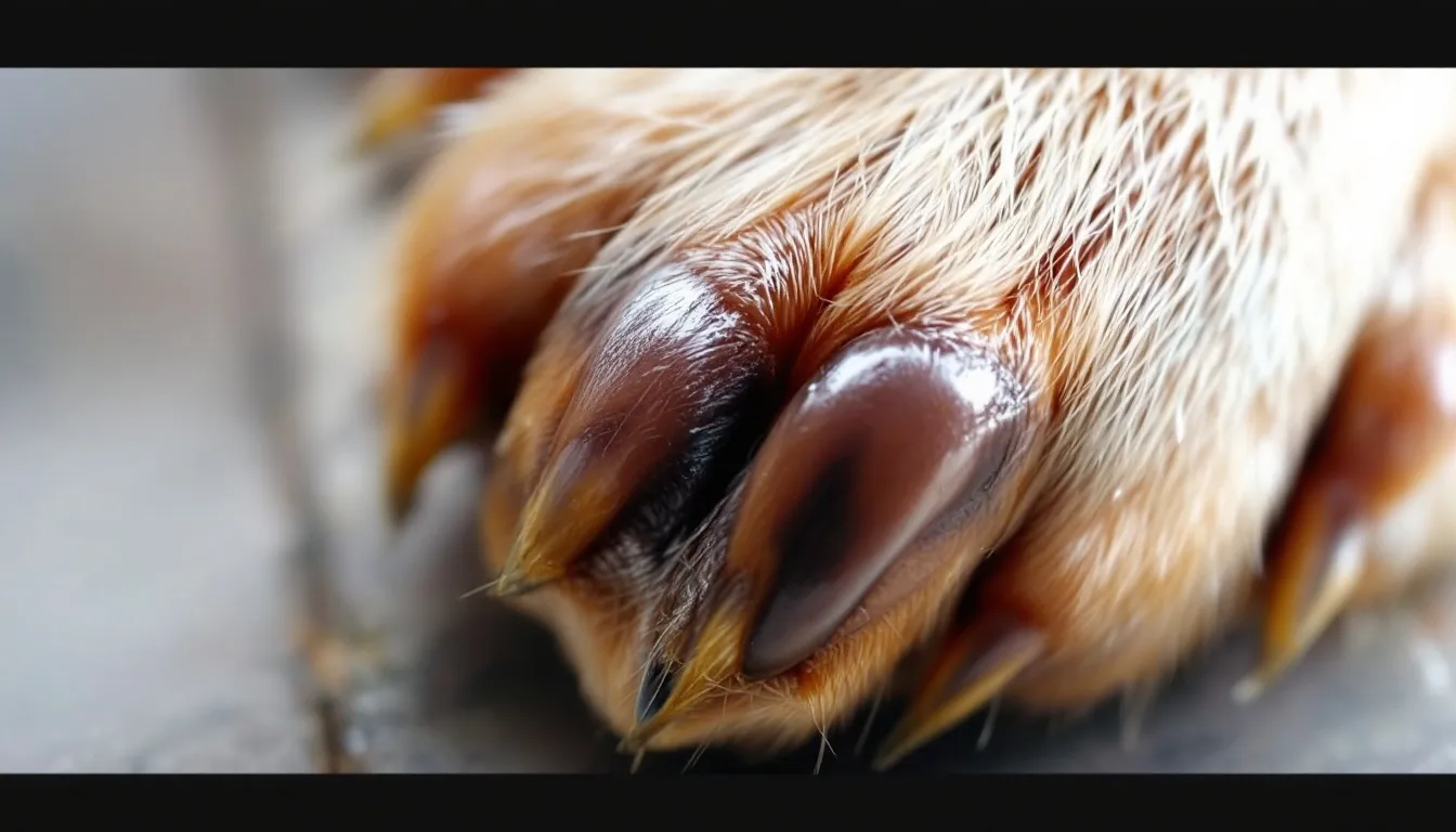In this image, the anatomy of a dog's nail is illustrated, highlighting the different parts including the outer nail, the quick, and the blood vessels. The diagram emphasizes the importance of careful nail trimming, especially for dogs with black nails, to avoid cutting into the sensitive areas and causing pain or bleeding.