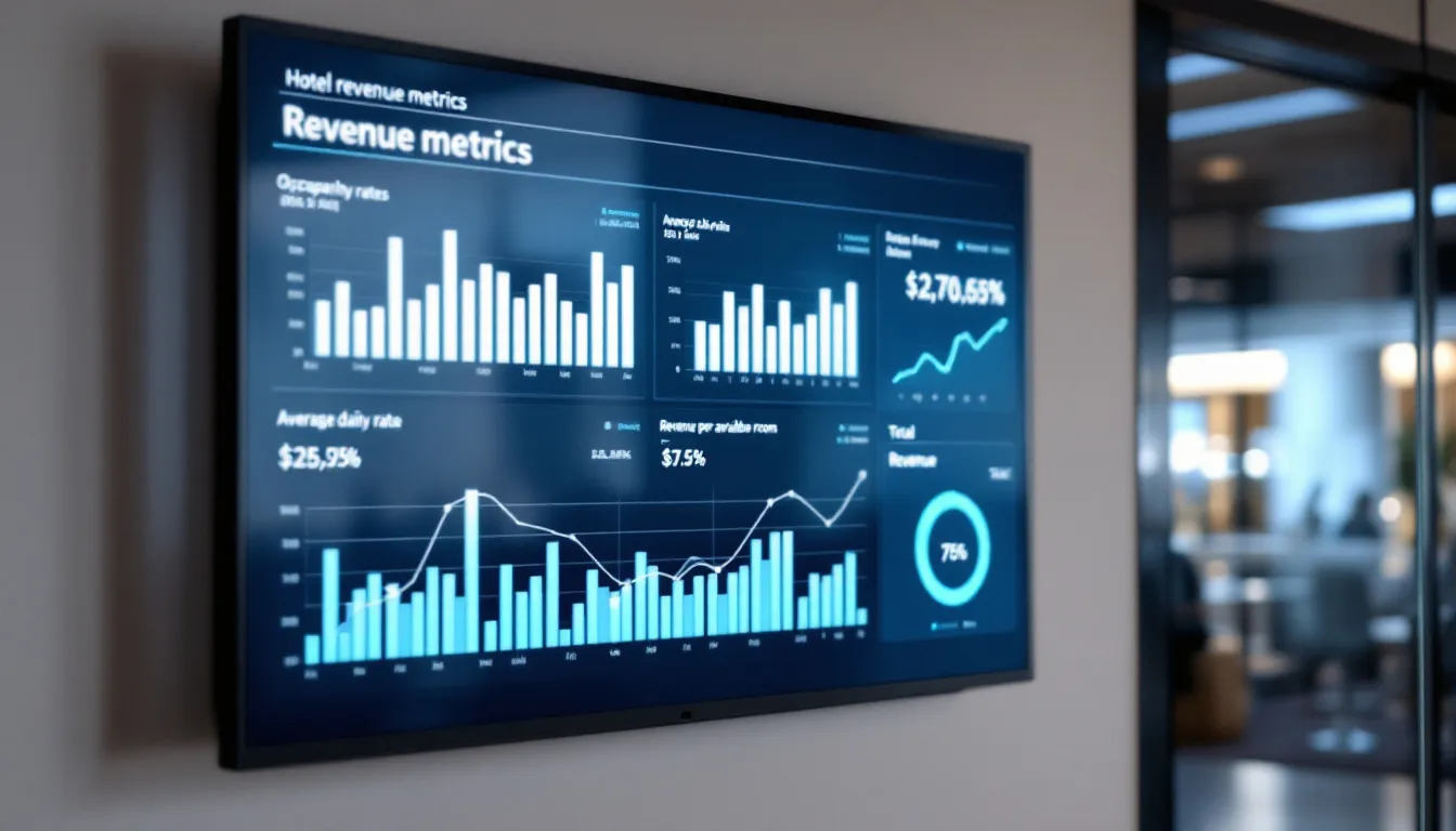 The image shows a dashboard featuring various hotel revenue metrics and performance charts, highlighting key figures such as daily revenue, room revenue, and occupancy rates. It serves as a tool for revenue management, allowing hotel businesses to track sales data and identify trends to maximize revenue and drive growth.