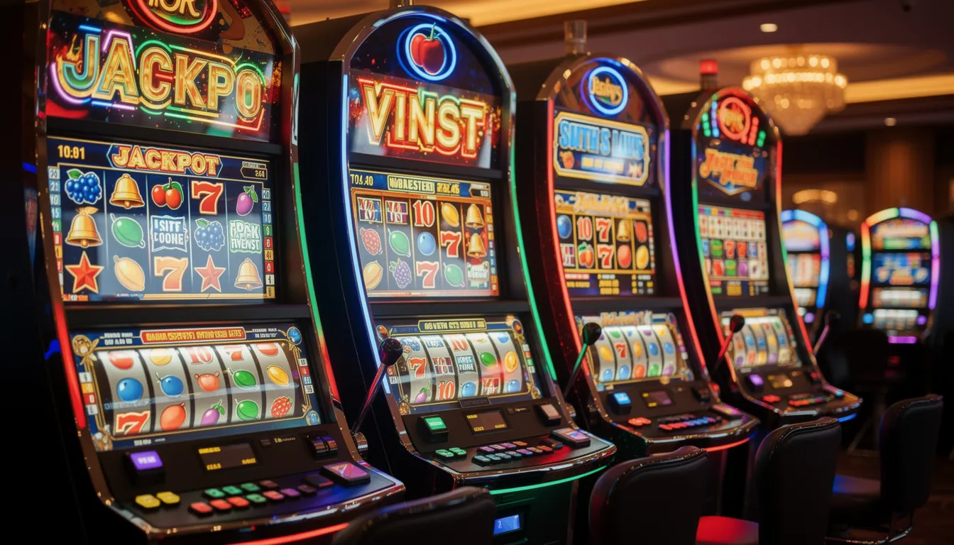 Bildbeskrivning: En rad färgglada spelautomater med blinkande lampor och olika symboler, som skapar en livlig och festlig atmosfär. Det finns också ljud av spel och glada röster i bakgrunden, vilket förstärker känslan av spänning och nöje, typiskt för en spelhall som Lyllo Casino.