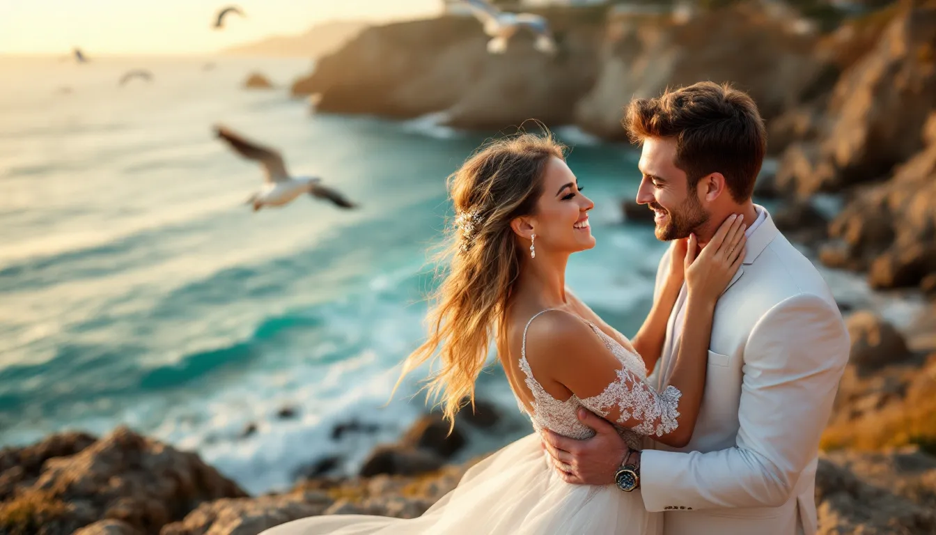 A professional photographer capturing a couple's engagement photos in a scenic location.