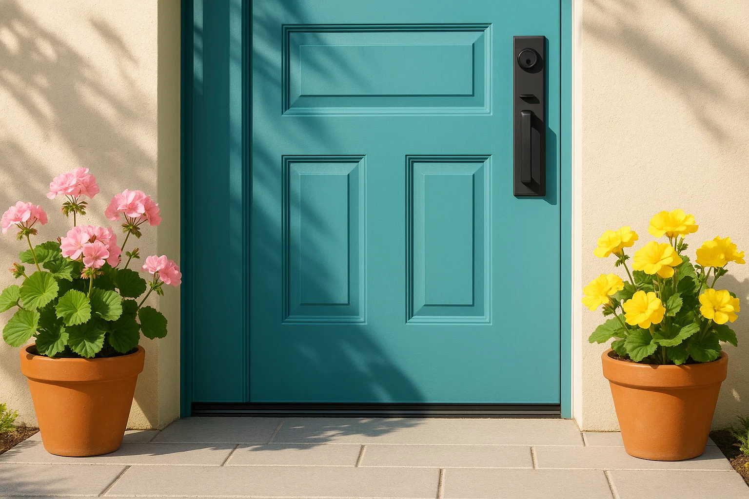 Freshly painted UK front door with potted plants for kerb appeal.