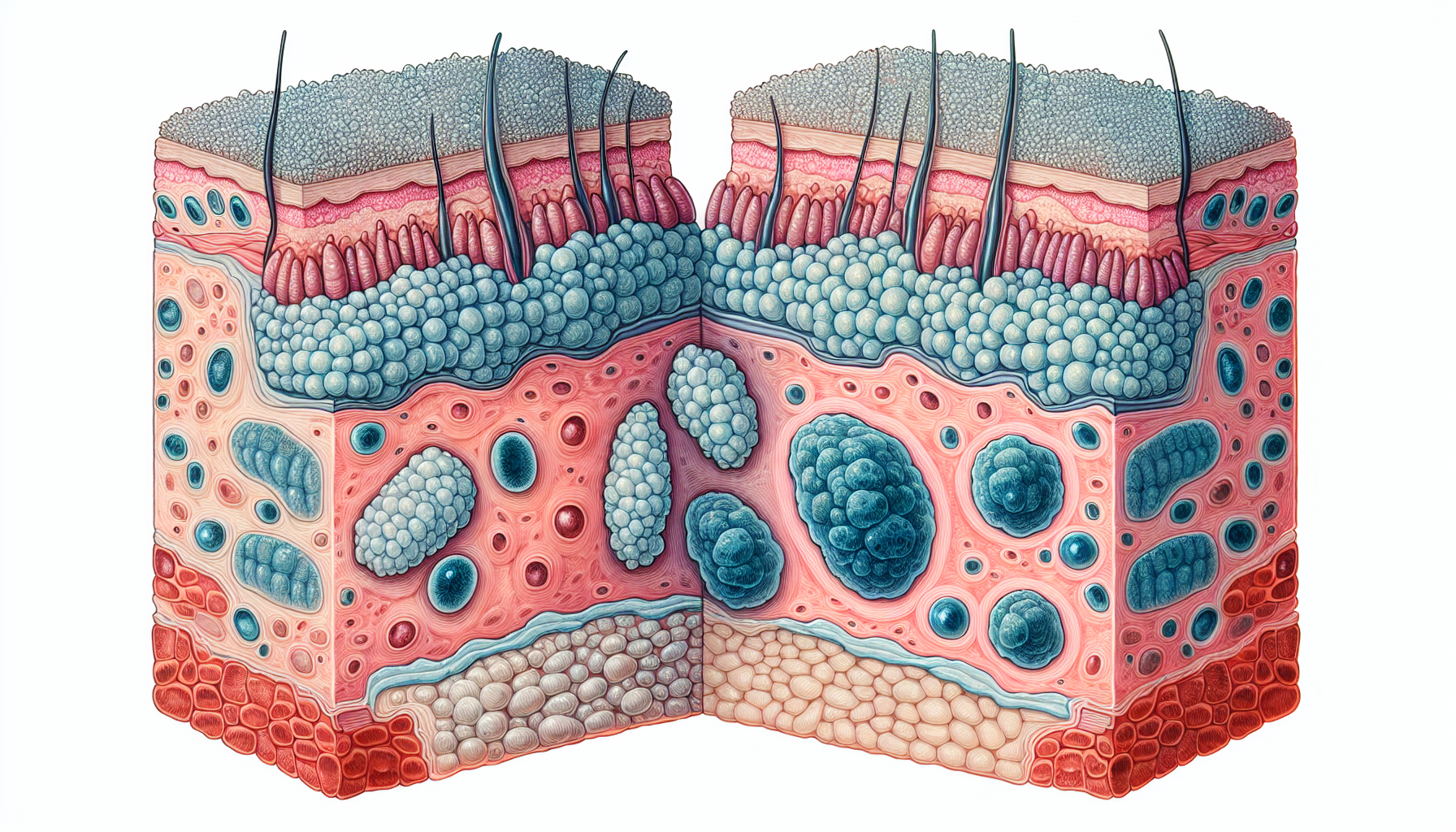 Illustration of basal cell carcinoma and squamous cell carcinoma