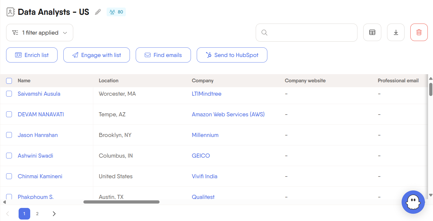 List of prospects from LinkedIn search