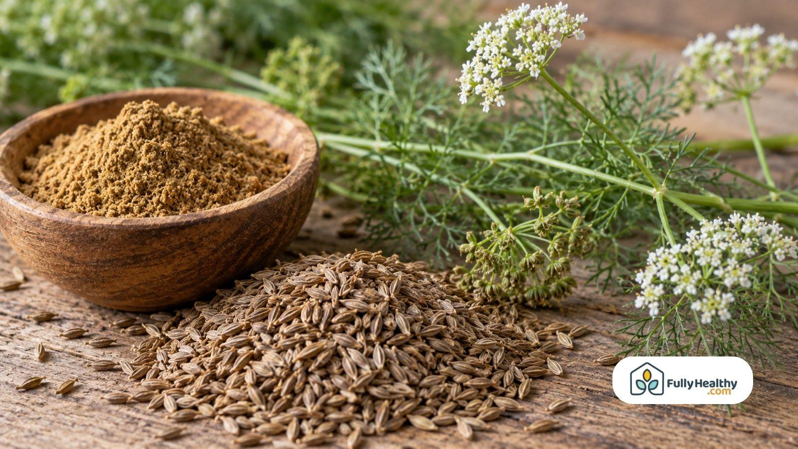 Ground cumin powder with whole seeds and fresh flowering cumin plant.