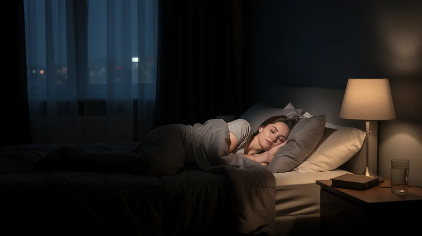 A person is sleeping peacefully in a dark bedroom, surrounded by a calming atmosphere that promotes quality sleep. The comfortable environment, possibly aided by blackout curtains, helps them stay asleep throughout the night, reducing the likelihood of nighttime awakenings and improving their overall sleep quality.