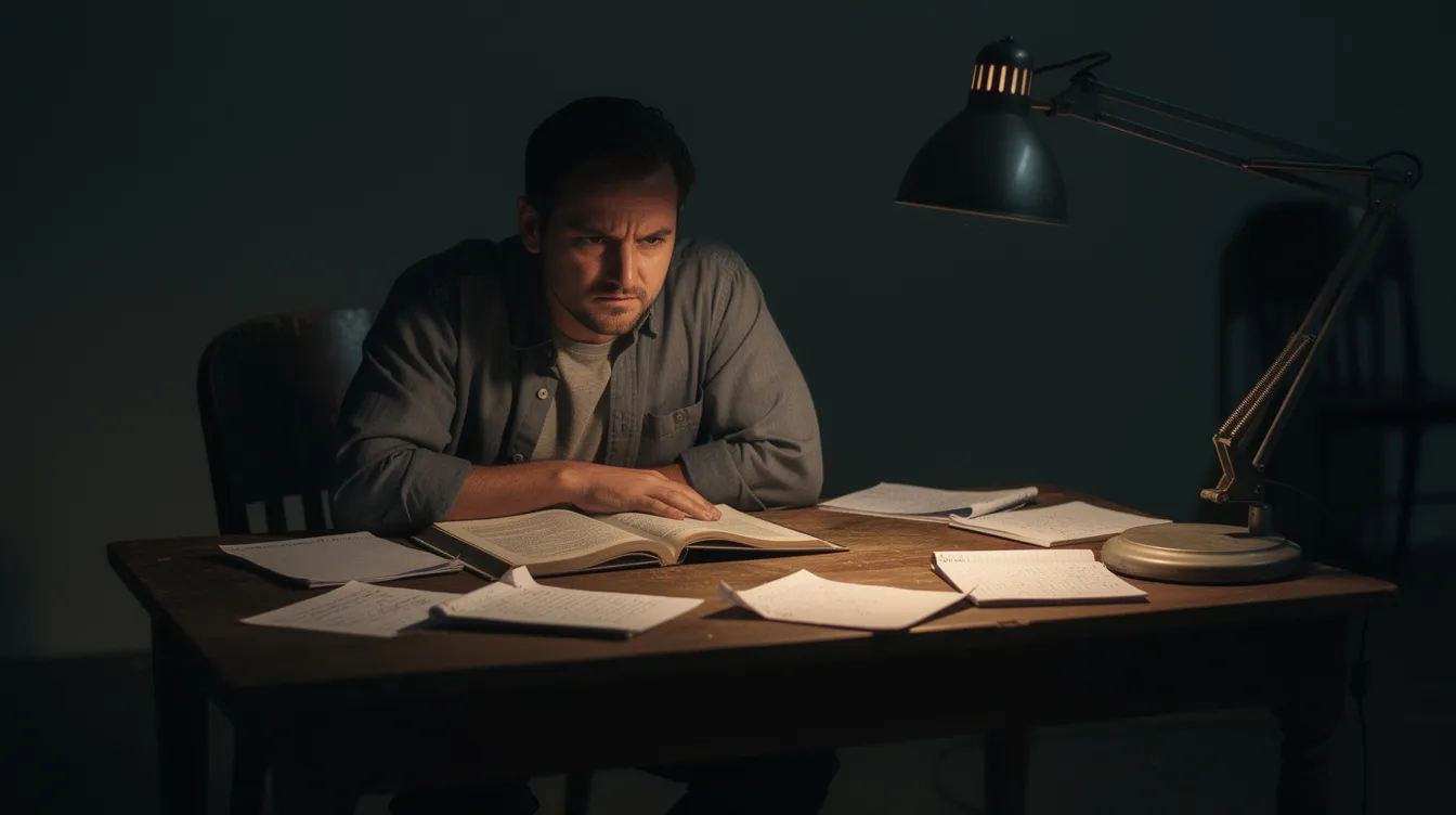 Ein Schauspieler sitzt als Hauptfigur allein an einem Schreibtisch in einem dunklen Raum, umgeben von Notizzetteln und einem aufgeschlagenen Drehbuch. Sein intensiver Blick wird von einem gedämpften Lampenlicht hervorgehoben, das die Atmosphäre des Dramas verstärkt.