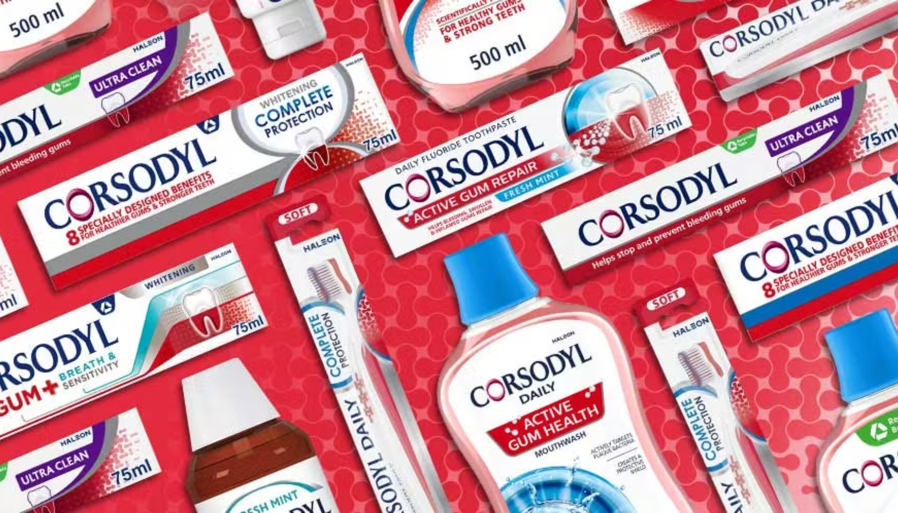 Corsodyl: Munnskyllet Du Trenger – Men Ikke For Lenge 5 Flere produkter fra Corsodyl-serien, inkludert tannkremer og munnskyll med fokus på tannkjøtthelse og frisk pust.