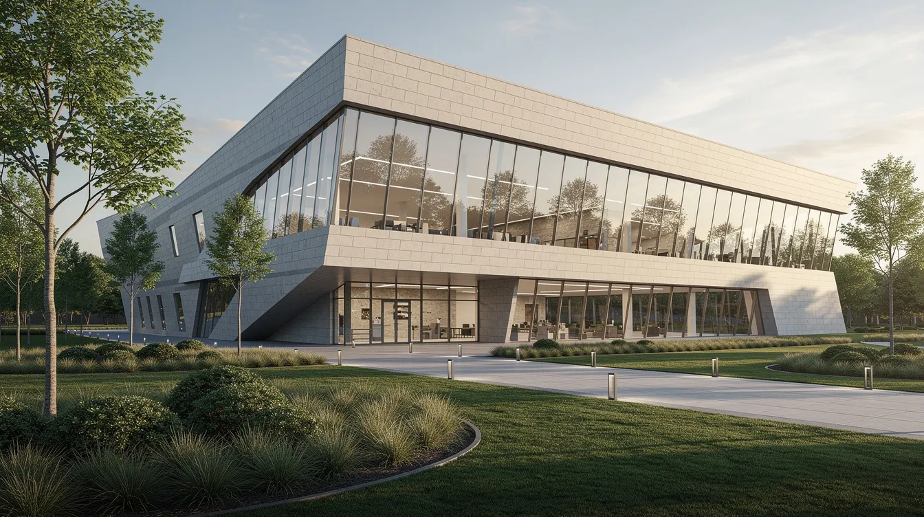 The image depicts a modern angular museum building characterized by large glass panels and stone cladding, set within beautifully landscaped grounds. This striking architectural design serves as a contemporary contrast to the ancient city of Troy, located in northwest Turkey, which is renowned for its rich historical significance and archaeological sites related to the Trojan War.