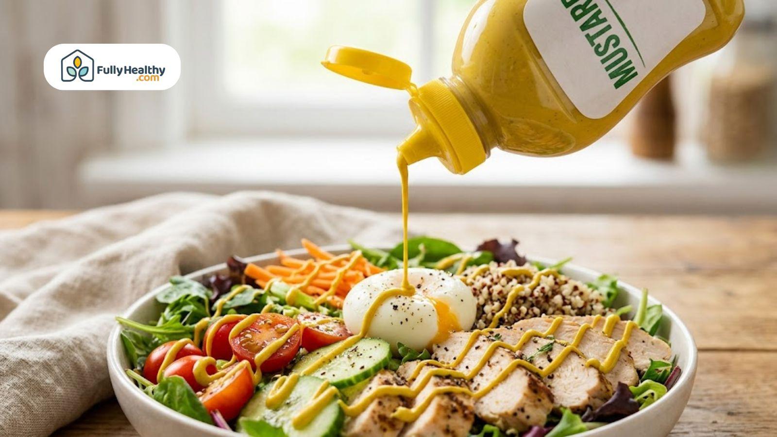 Yellow mustard being drizzled over a fresh chicken salad bowl.