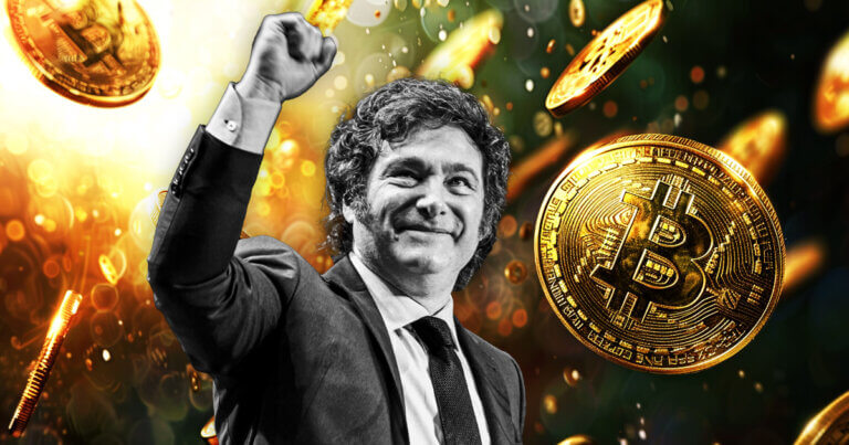 Bitcoin Images - Market – president – businesses – bitcoin – blockchain – blockchain technology – cryptocurrencies – digital assets  An image of Javier Milei standing with his fist in the air with Bitcoin images.