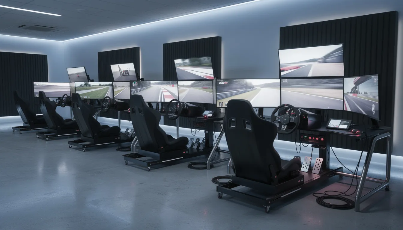 The image features multiple cutting-edge racing simulators arranged in a modern facility, each equipped with realistic steering wheels and large screens displaying vibrant racing tracks. This setup is designed to provide an exciting and immersive experience for guests, perfect for corporate events, team building, or simply enjoying a thrilling session with friends and family.
