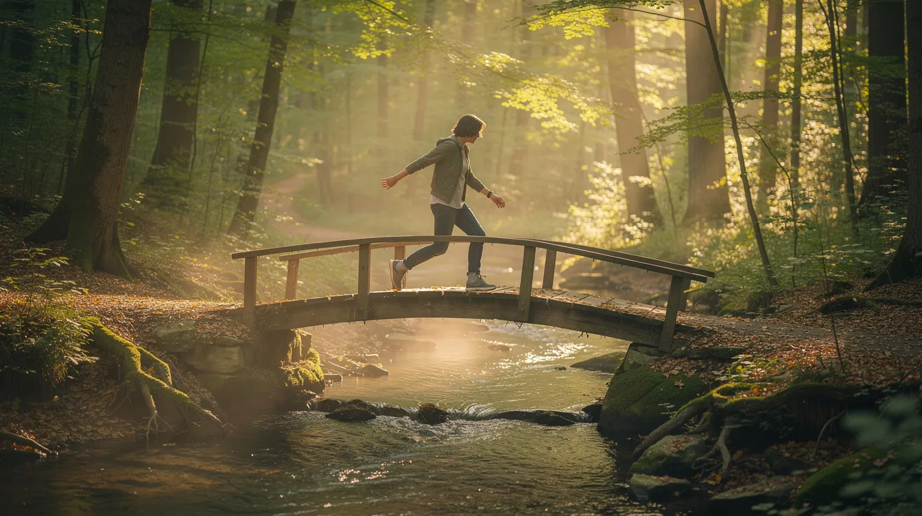 Une personne traverse un petit pont en bois au-dessus d'un ruisseau dans une forêt, symbolisant le courage et la confiance en soi pour avancer dans la vie. Cette image évoque l'idée de surmonter des épreuves et de développer sa confiance au travail.