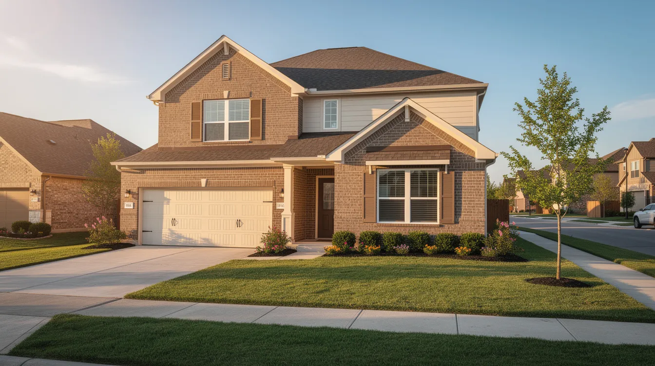 The image depicts a two-story suburban home typical of Plano, Texas, featuring a well-maintained facade and an attached garage. The house likely includes a central air conditioning system, essential for energy efficiency and cooling during the hot Texas summers.