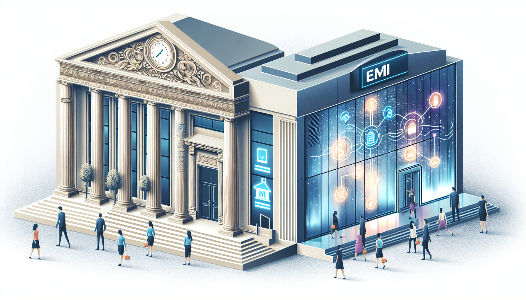 Ilustração comparando EMIs e bancos tradicionais