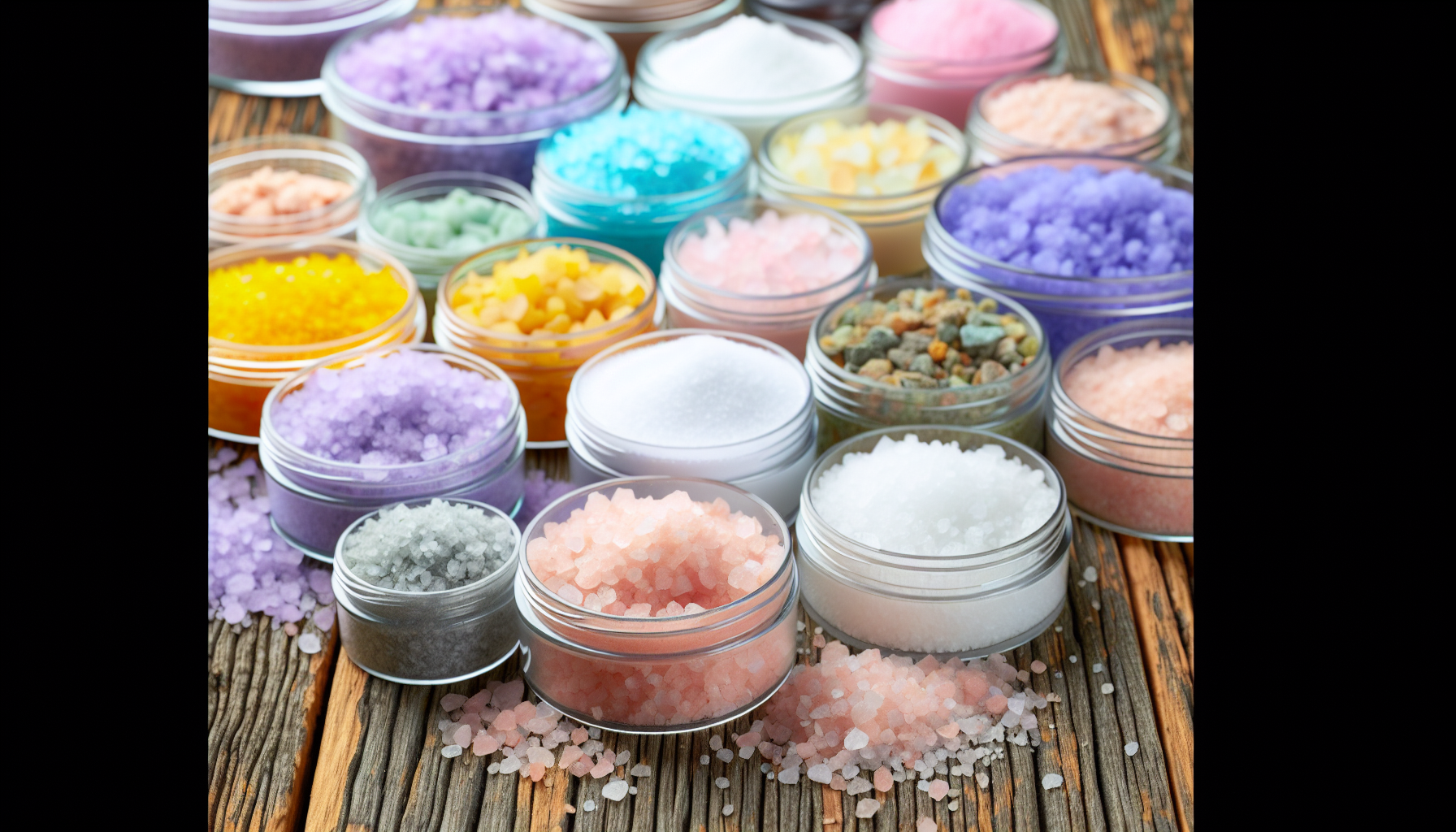 Various types of bath salts and bath soaks displayed on a wooden surface