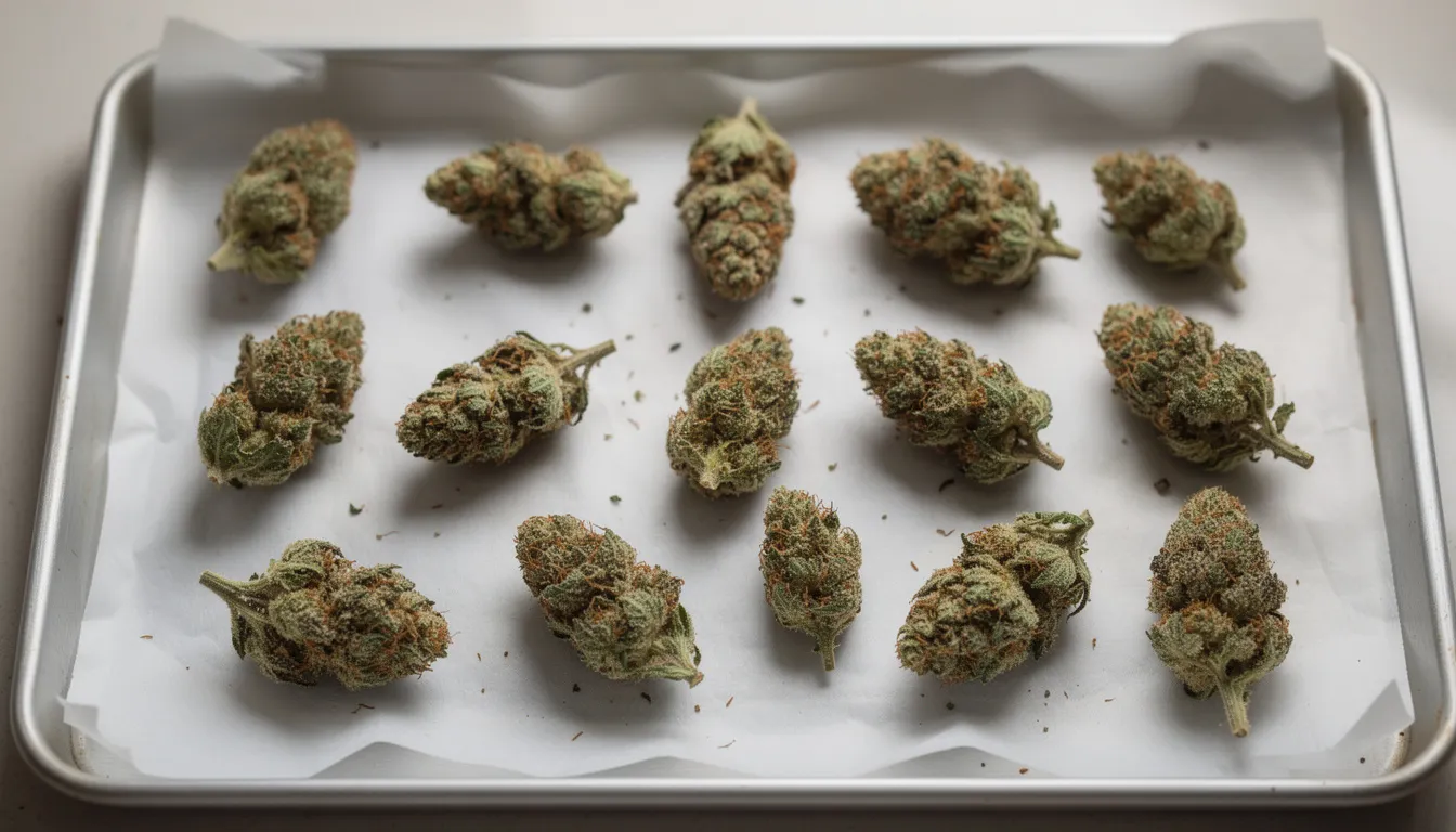Auf einem Backblech mit Backpapier liegen sorgfältig verteilte Cannabisblüten, die für die Zubereitung von Haschkeksen oder anderen Cannabisprodukten verwendet werden können. Der Geruch der Blüten ist intensiv und charakteristisch für die Zubereitung von Cannabis-Edibles.