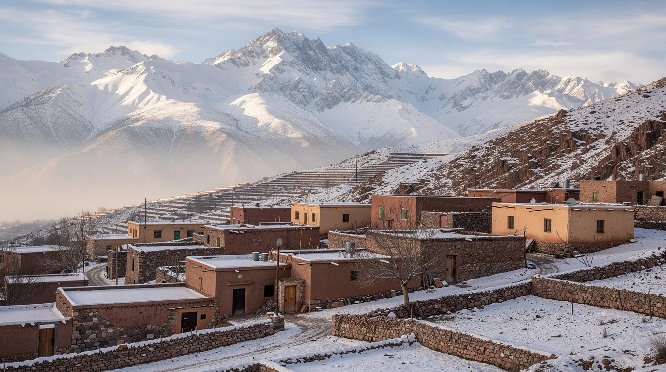 The image depicts a picturesque snowy village nestled in the High Atlas Mountains, with majestic mountain peaks rising in the background. This scene captures the cold temperatures of Morocco in February, showcasing the tranquil beauty of the mountainous areas during winter.