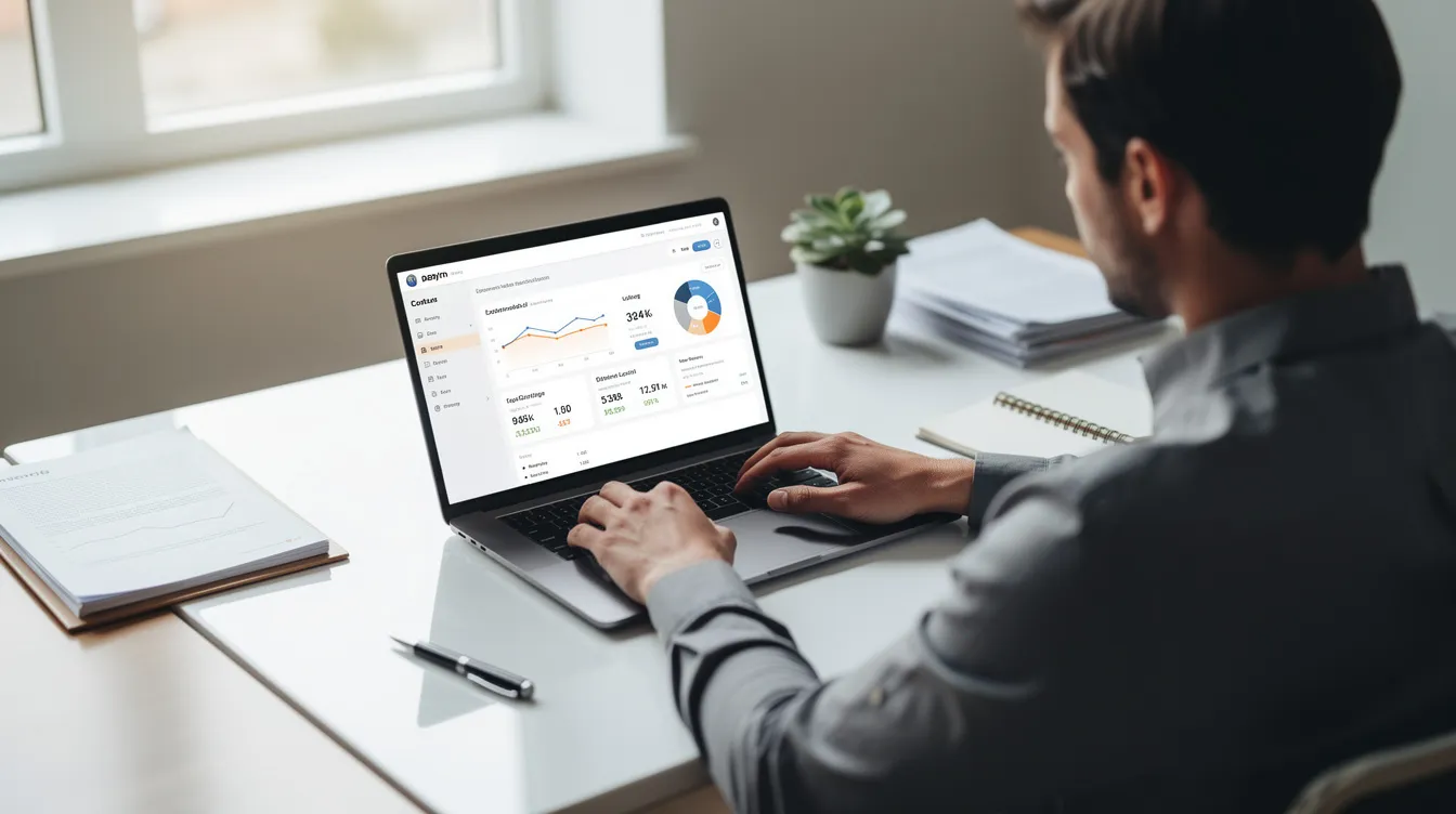 A small business owner sits at a clean, modern desk, reviewing website costs on a laptop. The scene reflects the importance of understanding ongoing costs related to managed hosting, domain registration, and website maintenance for creating a professional-looking website.