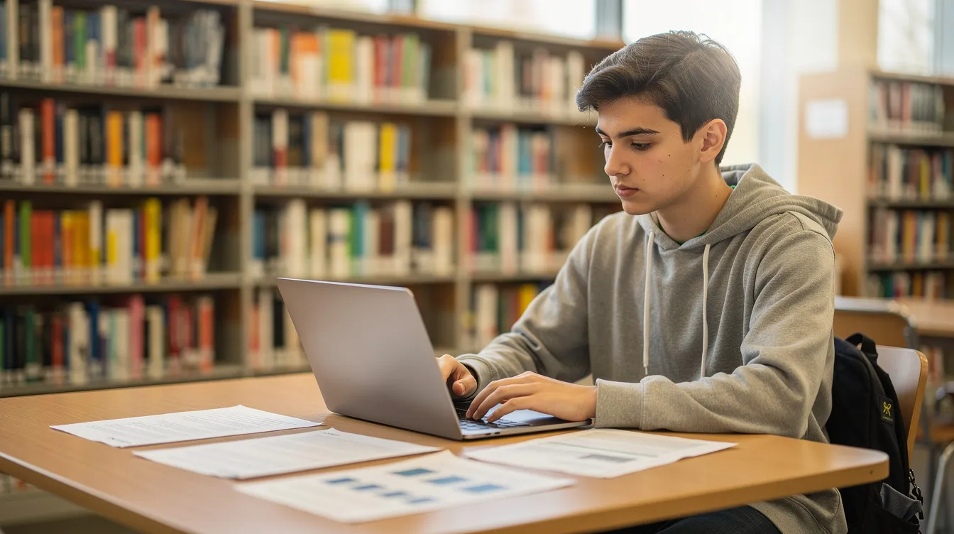A young person is sitting at a study table in a university library, focused on their laptop while reviewing paperwork, embodying the essence of student life. The scene captures the importance of managing finances, such as comparing student bank accounts and understanding student loans, as they prepare for their higher education journey.