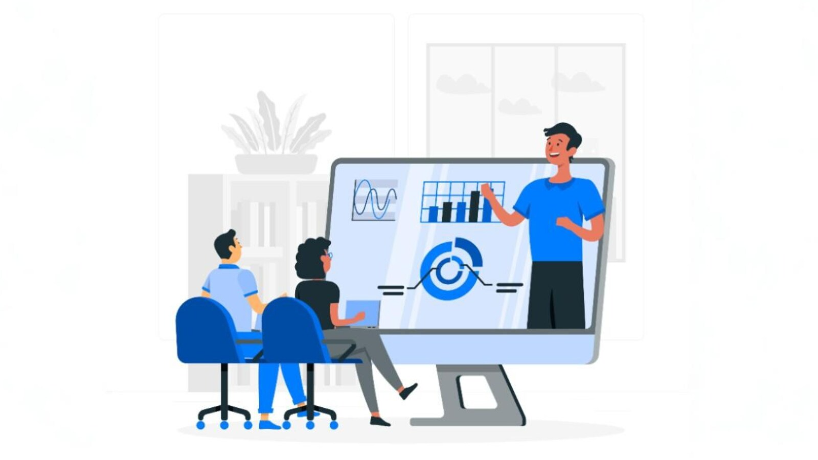 A virtual presenter shows charts to colleagues that highlight how UCaaS features simplify growth and reduce upfront costs.