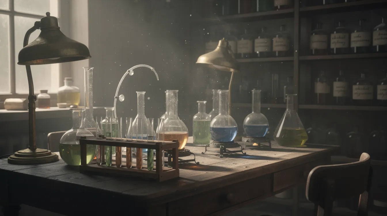 Zdjęcie przedstawia historyczne laboratorium chemiczne, w którym znajdują się szklane kolby i probówki, oświetlone przytłumionym światłem. To miejsce, w którym wielcy uczeni i fizycy, tacy jak Albert Einstein, mogli prowadzić swoje eksperymenty i odkrycia w dziedzinie chemii i fizyki.