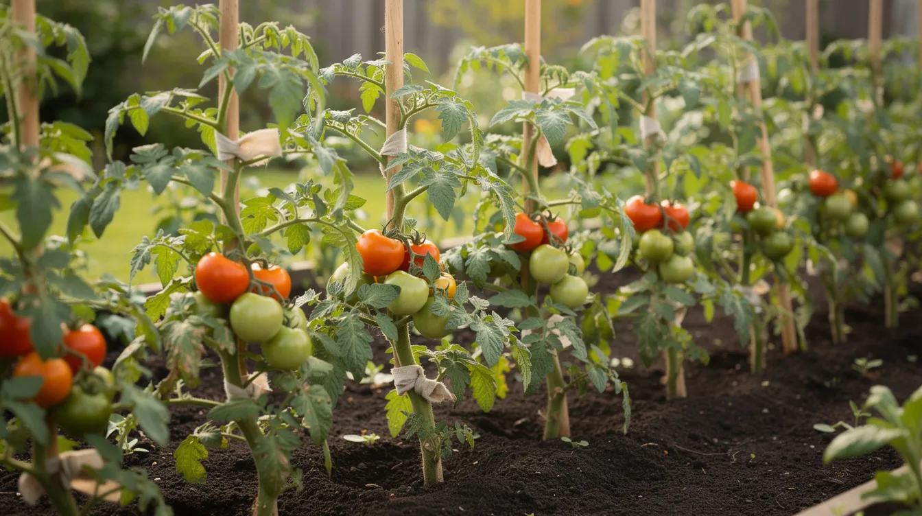 The image shows healthy tomato plants in a garden row, neatly tied to stakes with soft cloth, showcasing cleanly pruned lower stems. This careful pruning method helps direct the plant's energy towards fruit production, promoting healthier plants and larger tomato fruits.